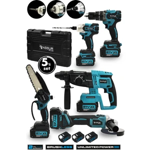 Assur Plus 21V Akülü 5'li Set Kırıcı Delici Hilti Taşlama Somun Sıkma Akülü Vidalama Budama Testeri
