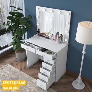 BJ115 Hollywood Işıklı Aynalı Kulis Makyaj Masası 7 Çekmeceli Takı Düzenleyici Beyaz