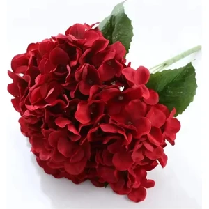 Kırmızı Yapay Ortanca 5 Dallı Vazo Saksı Dekor Çiçeği