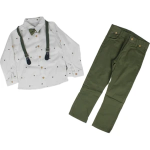 Erkek Çocuk Beyaz Yeşil Yıldız Desenli Papyonlu Gömlekli Papyonlu Askılı 2'li Takım