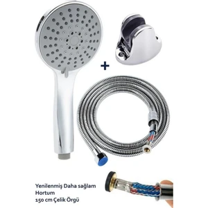 Mucit Home 5 Fonksiyonlu Büyük Boy Krom Duş Başlığı 150 cm Örgülü Hortumlu Mafsallı Duş Seti