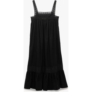 Pamuklu Dantel Detaylı Kare Yaka Uzun Askılı Elbise