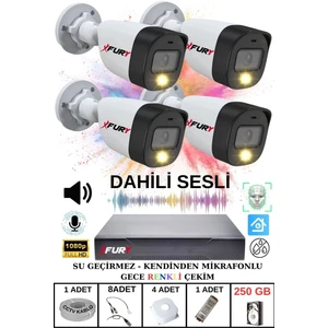 4 Lü Sesli Gece Renkli Görüş Güvenlik Kamerası Su Geçirmez Güvenlik Kamerası Seti 250GB