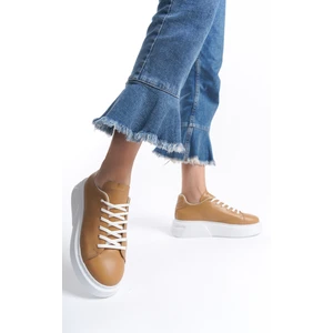 Sy Leather Dante Model Hakiki Deri Taba Kadın Bağcıklı Kalın Taban Sneaker Spor Ayakkabı