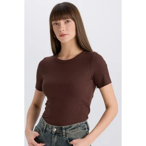 Slim Fit Dar Kesim Bisiklet Yaka Fitilli Kaşkorse Basic Düz Kısa Kollu Tişört C0097AX25SP
