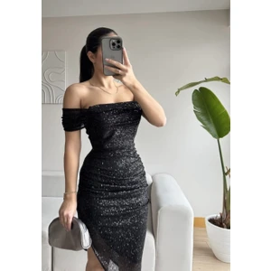 Degaje  Yaka Midi Boy Astarlı Payetli Yırtmaç ve Drape Detaylı Elbise