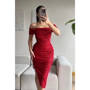 Degaje  Yaka Midi Boy Astarlı Payetli Yırtmaç ve Drape Detaylı Elbise