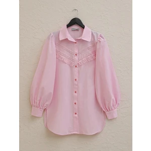 Güpür Püsküllü Ham Keten Balon Kol Gömlek