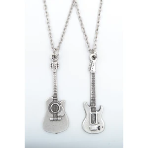 2'li Elektro Gitar - Akustik Gitar Gümüş Kaplama Kolye Seti