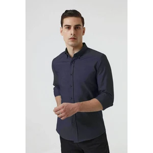 Slim Fit Lacivert Armürlü Düğmeli Yaka Pamuklu Gömlek 5HC02ORT07265