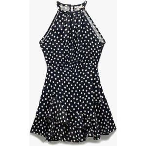 Viskon Kumaş Puantiyeli Fırfırlı Halter Yaka Mini Elbise