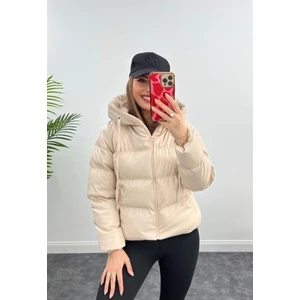 Kadın Siyah Deri Kapüşonlu Şişme Mont