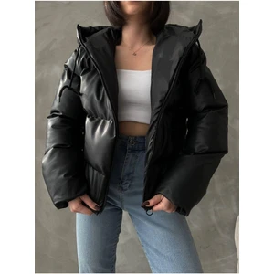 Kadın Siyah Deri Şişme Mont