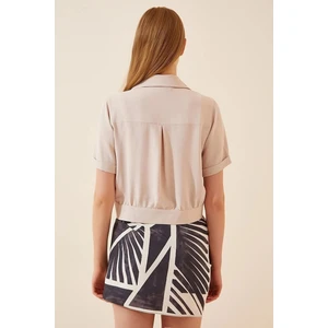 Kadın Krem Cepli Kısa Kollu Yazlık Keten Viskon Ceket