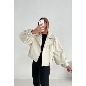 Kadın Krem Oversize Deri Ceket