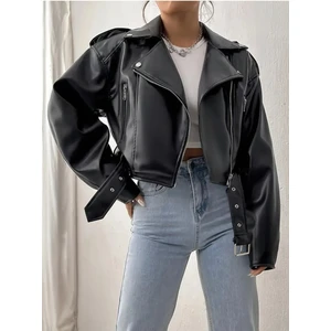 Siyah Oversıze Kemerli Deri Tarz Ceket