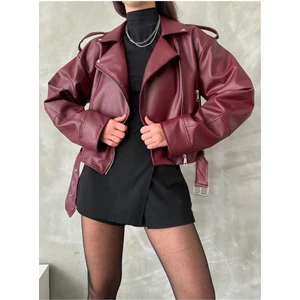 Kadın Oversize Bordo Deri Ceket