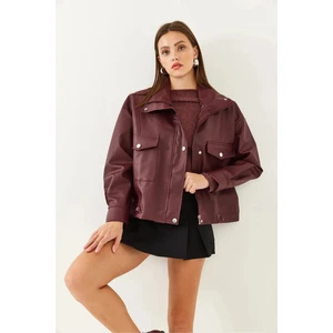 Yanlardan Büzgü Detaylı Deri Ceket - Oversize