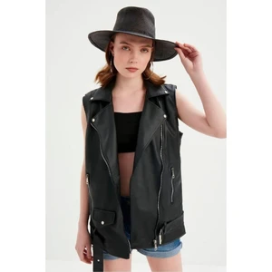 Kadın Siyah Deri Biker Oversize Yelek