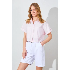Kadın Toz Pembe Çift Cepli Düşük Kol Crop Gömlek