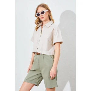 Kadın Taş Çift Cepli Düşük Kol Crop Gömlek