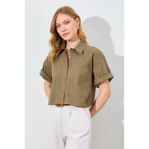 Kadın Haki Çift Cepli Düşük Kol Crop Gömlek