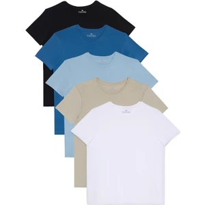 Unisex 5'li Paket Siyah-Taş-Mavi-Açık Mavi-Beyaz Slim Fit Dar Kesim  Pamuk Bisiklet Yaka Tişört