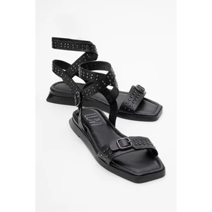 Carril Siyah Hakiki Deri Troklu Kadın Sandalet