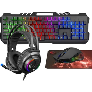 FITMENT KM-GX7 Gökkuşağı Aydınlatmalı Siyah USB Gaming Combo Mouse + Mousepad + Kulaklık Q Gaming Klavye +