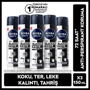 MEN Erkeak Sprey Deodorant Black & White Invisible Original 150ml, 72 Saat Anti-Perspirant, X5 Adet