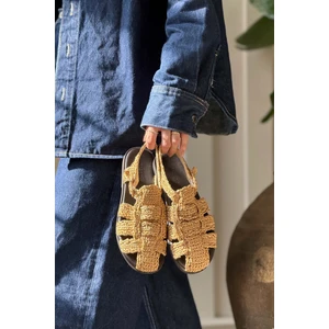 Nişantaşı Shoes Ramona Bej Hasır Örgü Arka Kemer Detay Düz Taban Kadın Sandalet