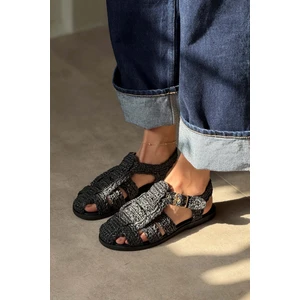 Nişantaşı Shoes Ramona Siyah Hasır Örgü Arka Kemer Detay Düz Taban Kadın Sandalet
