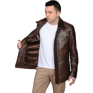 DERİJE Owen Hakiki Deri Erkek Kürklü Kestane Karartma Ceket-Mont-Kaban