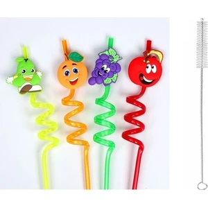 5 Parça Renkli Pipet Seti - Emojili Spiral Kokteyl - Çocuk Pipeti Temizleme Fırçalı