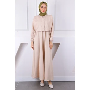 İmaj Butik Bej Gömlek Süveterli Elbise Kombin Takım