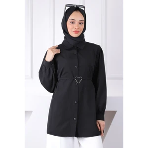 İmaj Butik Siyah Kuşaklı Düğmeli Gömlek
