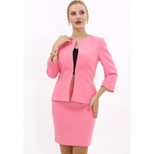 Sıfır Yaka Düz Kısa Ceket-Pembe