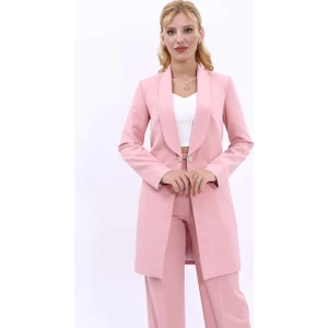 Şal Yaka Cepli Uzun Ceket-Pudra