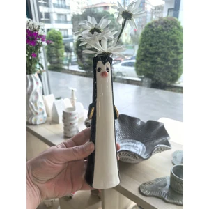 Libra Seramik El Yapımı 22CM Penguen Görünümlü  Altın Yaldız Detaylı Vazo, Çocuk Odası Vazo, Penguen Temalı Dekoratif Biblo