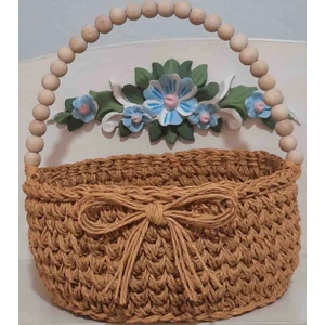Ahşap Boncuklu Hasır Sepet