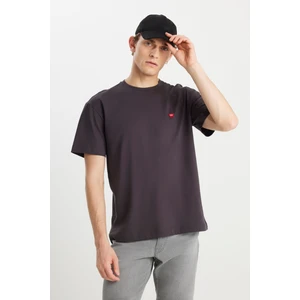 %100 Pamuk Relaxed Fit Geniş Kesim Bisiklet Yaka Minimal Logo Antrasit Tişört