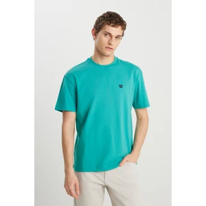 %100 Pamuk Relaxed Fit Geniş Kesim Minimal Logo Yeşil Tişört