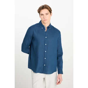 Regular Fit Normal Kesim Lacivert Keten Gömlek