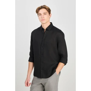 Regular Fit Normal Kesim Siyah Keten Gömlek