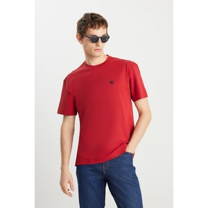 %100 Pamuk Relaxed Fit Geniş Kesim Minimal Logo Kırmızı Tişört