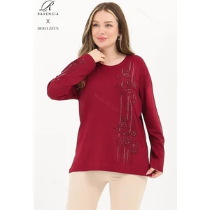 Kadın Orta Yaş Ve Üzeri Viskon Şerit Desen Taşlı Işlemeli Likralı Bordo Anne Penye Bluz