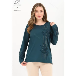 Kadın Orta Yaş ve Üzeri Viskon Şerit Desen Taşlı Işlemeli Likralı Zümrüt Anne Penye Bluz