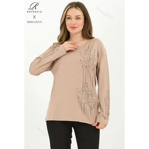 Kadın Orta Yaş ve Üzeri Viskon Şerit Desen Taşlı Işlemeli Likralı Bej Anne Penye Bluz