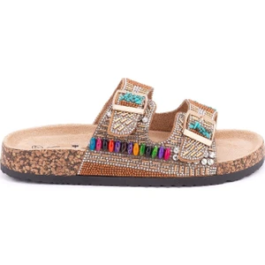 25Y102-2 Kadın Mantar Taban Taşlı Çift Tokalı Comfort Terlik Camel