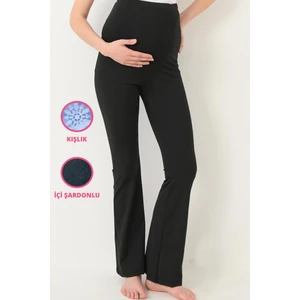 Siyah Şardonlu Beli Ayarlanabilir Yüksek Bel Hamile Ispanyol Paça Kadın Tayt